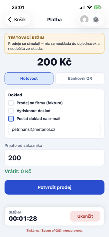 Platba hotově nebo převodem v CMS Store POS