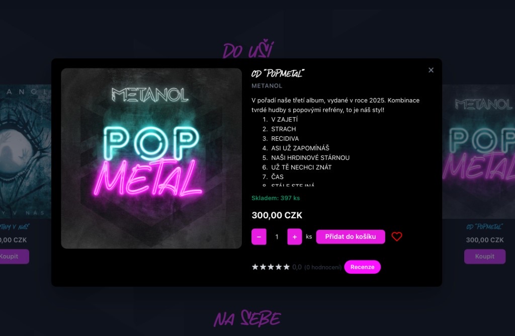 Detail albumu s cenou a stavem skladu v obchodě kapely Metanol